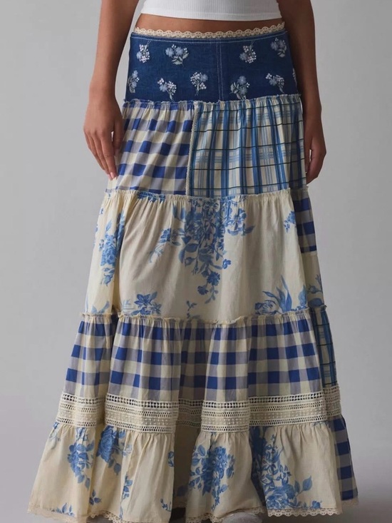 Kimchi Blue Dresses & Skirts - Kimchi blue Amelia medium Tiered Patchwork Maxi Skirt - Blue Floral & Gingham